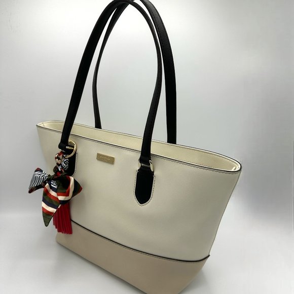 EUC Kate Spade Beige/Ivory/Black Colorblock Zip-Top Leather Tote + Bag Charm - Picture 3 of 16